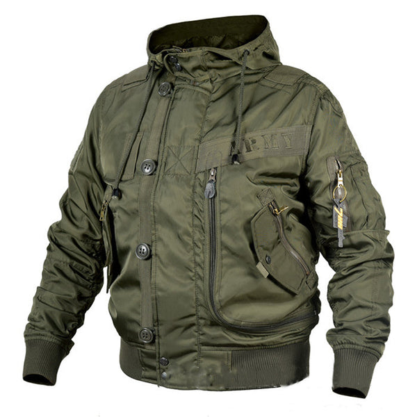 AKARMY Military Fan Hooded Stand Collar Ma1 Men's Bomber Jacket