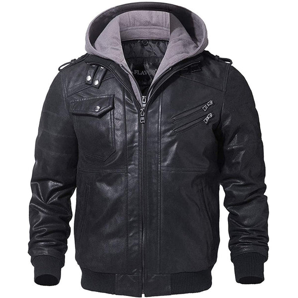 AKARMY Casual Detachable Hooded PU Men Jacket