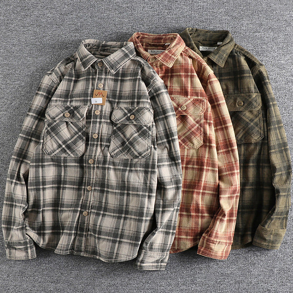 AKARMY Corduroy Cotton Plaid Cargo Shirts Big Pockets Workwear