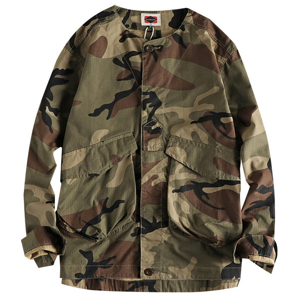 AKARMY Collarless Pockets Cotton Camo Men Tactical Shirt Jacket