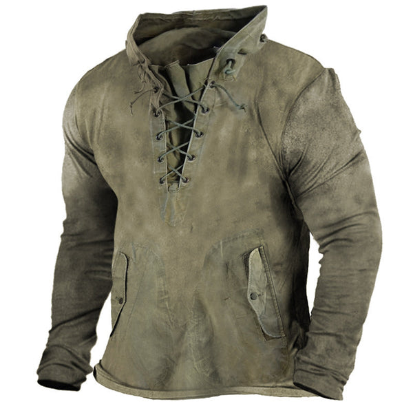 AKARMY Solid Color Casual Vintage Lace-Up Men's Hoodie T-Shirt