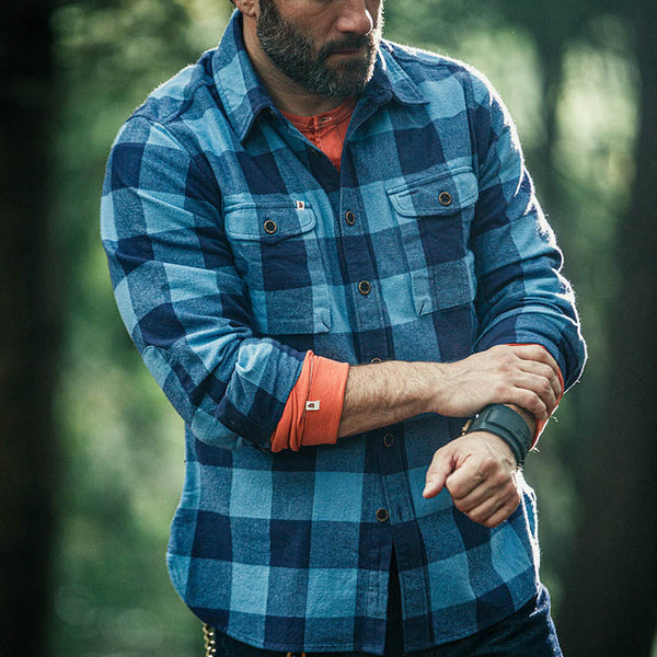 AKARMY Flannel Field Shirt Blue Plaid Shirt for Men