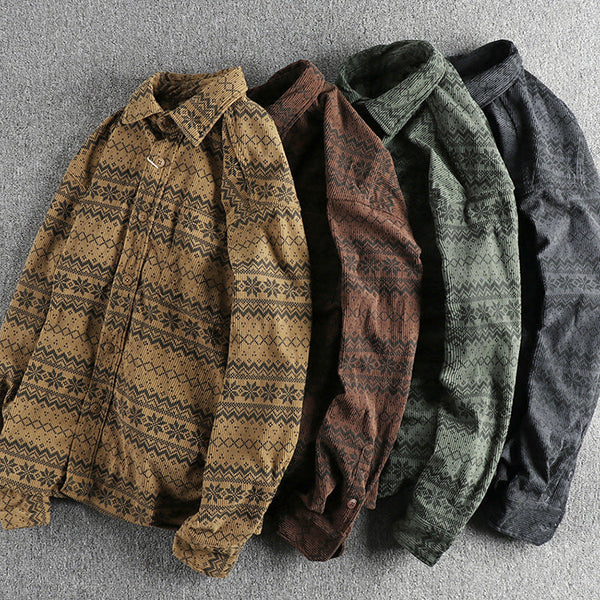 AKARMY Corduroy Long-sleeved Vintage Printed Shirt