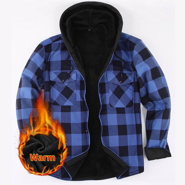 AKARMY Thermal Shirt Men's Flannel Plaid Hooded Shirt with Fleece Thickened