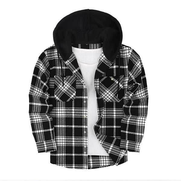 AKARMY Hooded Casual Plaid Long-sleeved Shirt for Men in Red