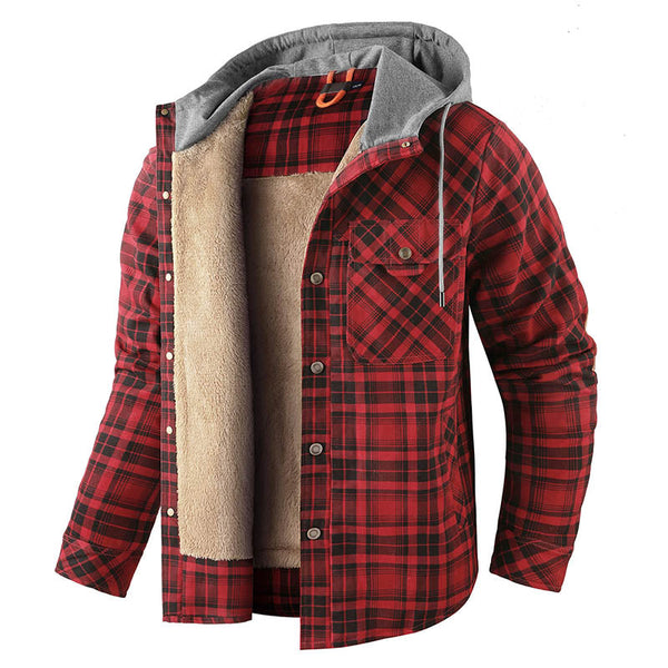 AKARMY Men's Jacket Plaid Shirt with Fleece Hooded Outdoor Plaid Jackets