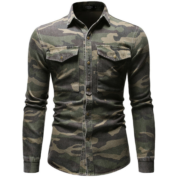 AKARMY Outdoor Camo Denim Workwear Men's Long Sleeve Shirt