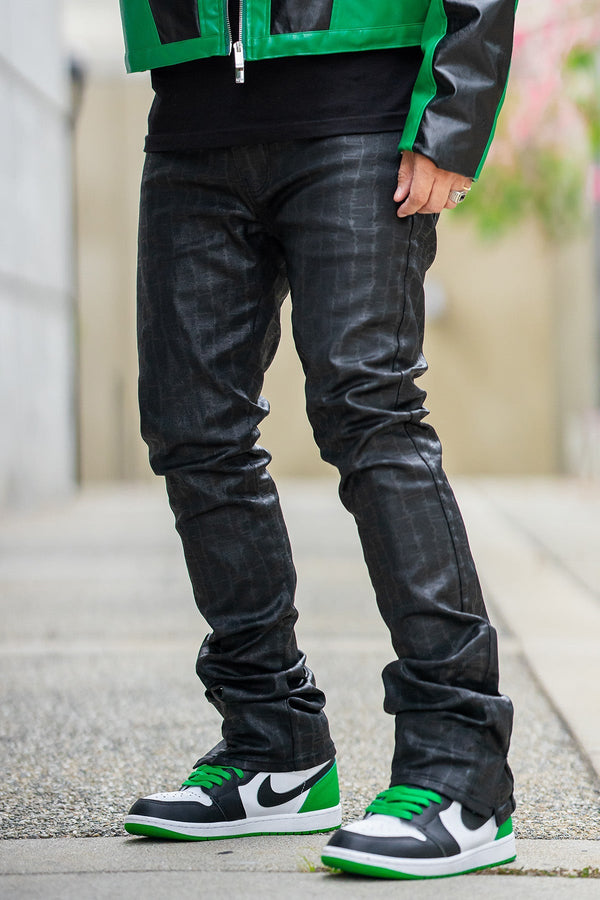 AKARMY Black Stacked Pants in Patterned Stretch Twill