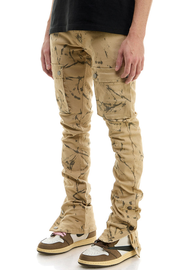 AKARMY Khaki Stacked Mens Flare Jeans Big Pockets Outer Side Snap Buttons