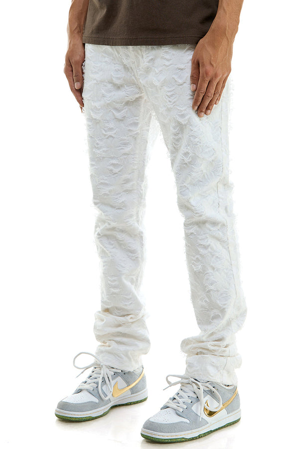 AKARMY Mens White Stacked Jeans Stretch Twill Steetwear Pants