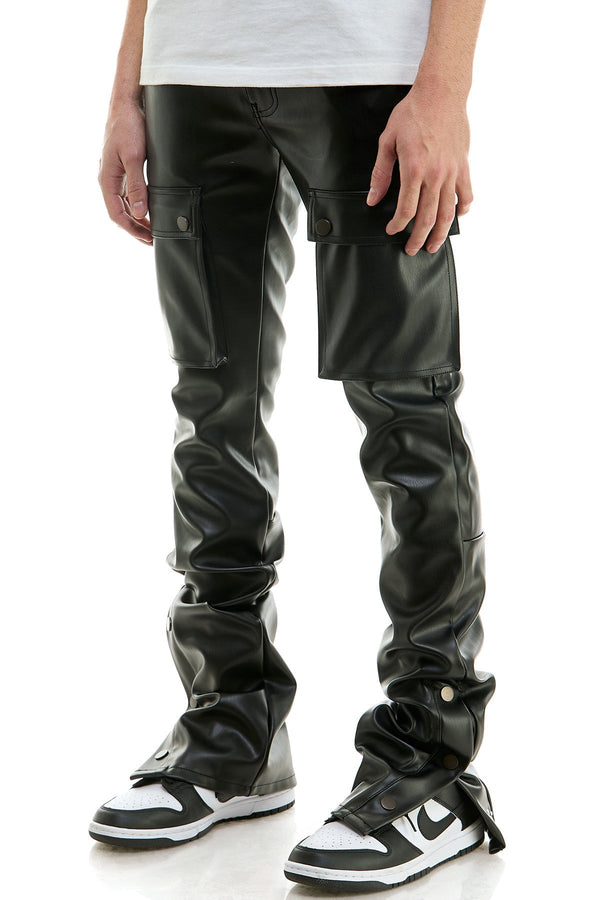 AKARMY AKARMY Black Skinny Stacked Pants Men's Flare Stacked Leather Jeans