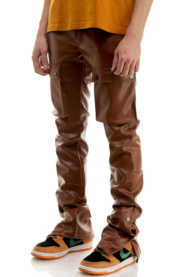 AKARMY Skinny Stacked Pants Cargo Pockets Flare Fit Brown Leather Pants