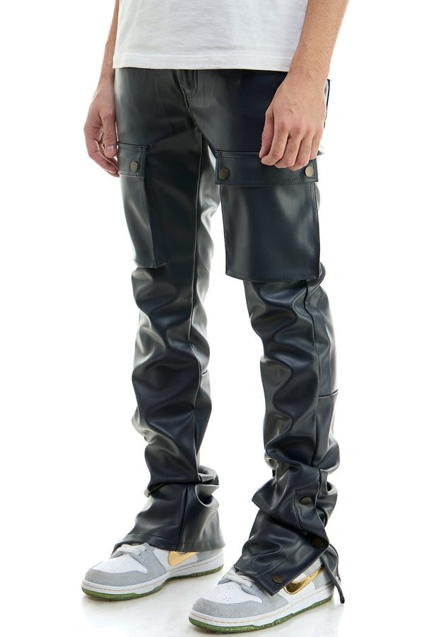 AKARMY AKARMY Skinny Stacked Pants Faux Leather In Black Flare Men's Jeans