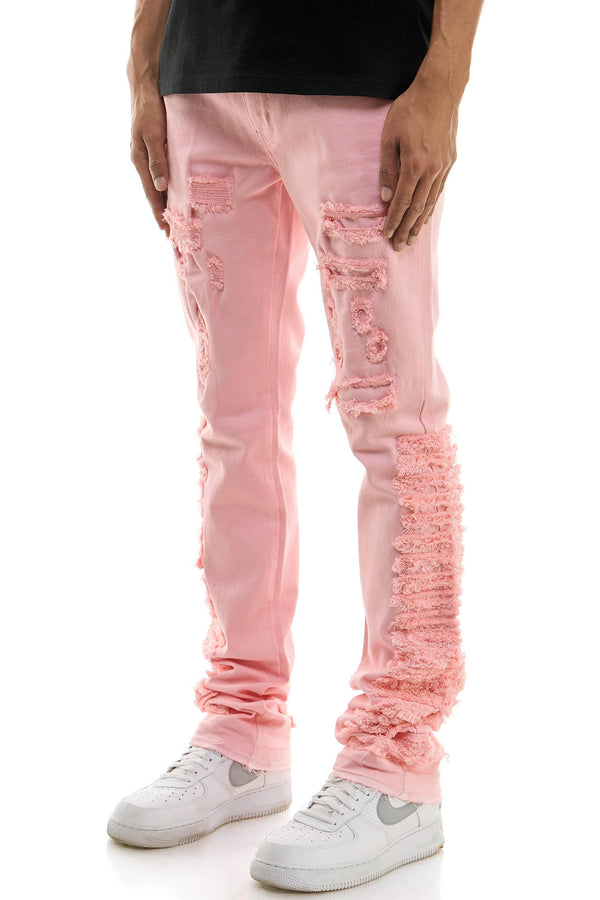AKARMY Ripped Patched Skinny Pink Men's Stacked Jeans