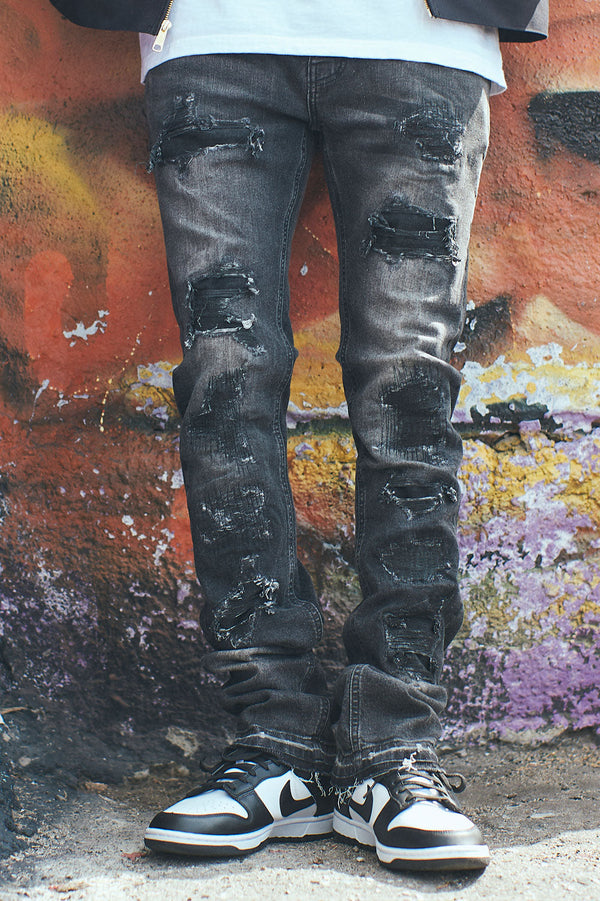 AKARMY Skinny Stacked Jeans Washed Stretch Denim Grey Color