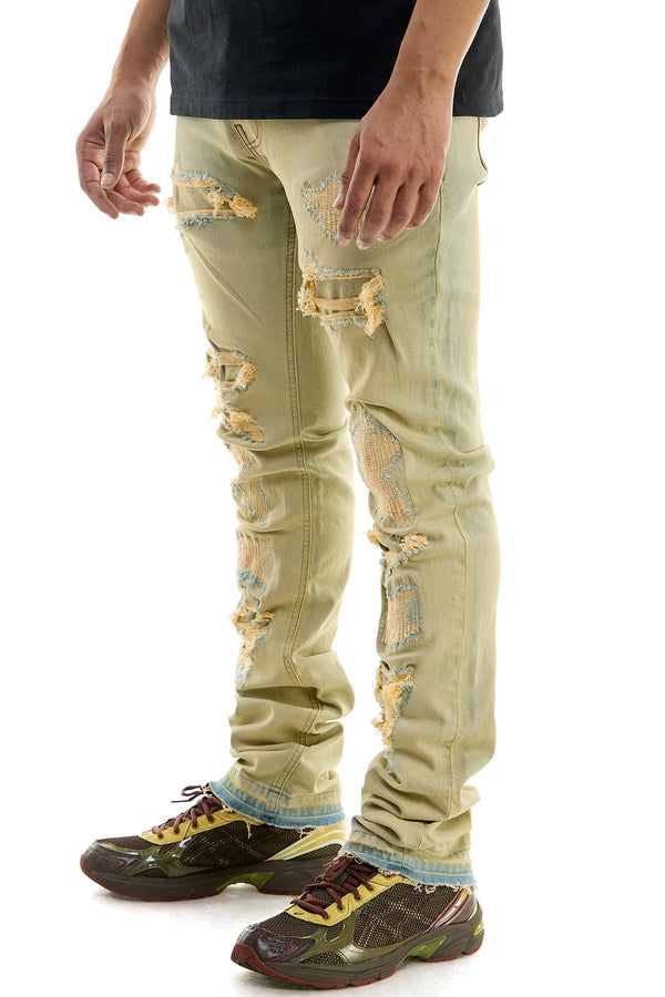 AKARMY Yellow Stacked Jeans in Washed Stretch Denim