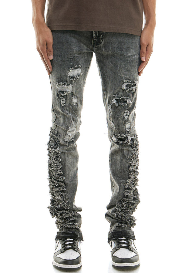 AKARMY Retro Style Raw-Edge Finishing Skinny Stacked Jeans for men