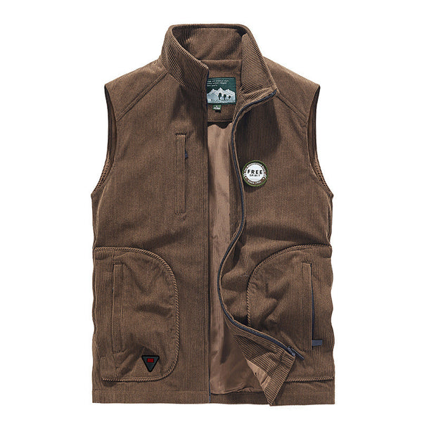 AKARMY Loose Retro Brown Zipper Daily Hoodless Men's Vest