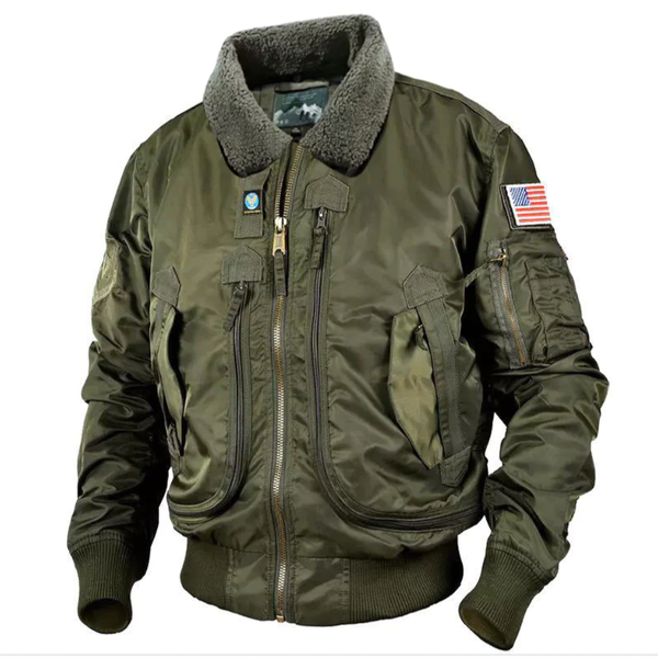 AKARMY Air Force Aviator Casual Fur Collar Lapel Removable Men's Cotton Jacket