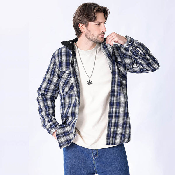 AKARMY Hooded Casual Plaid Long-sleeved Shirt for Men