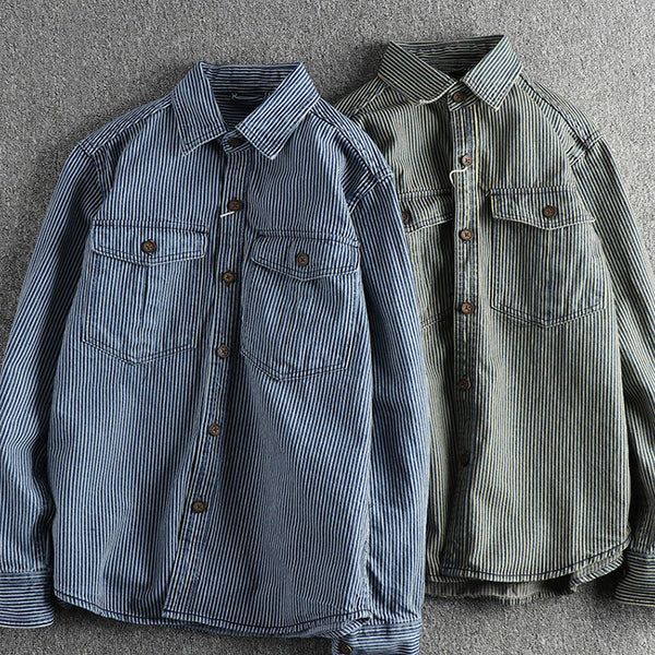 AKARMY Corduroy Cotton Stripe Shirts Big Pockets Workwear