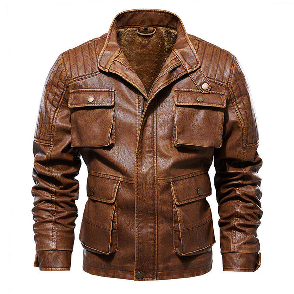 AKARMY Casual Retro Multi-pocket Thick Men's Leather Jacket
