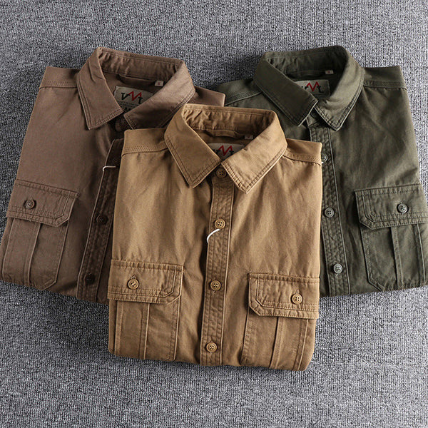 AKARMY Demin Cotton Cargo Shirts Big Pockets Workwear