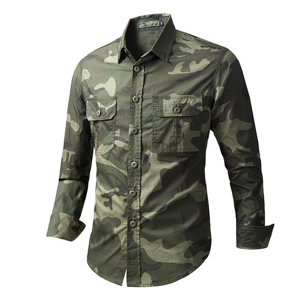 AKARMY Outdoor Camo Cargo Lapel Long Sleeve Men Shirt
