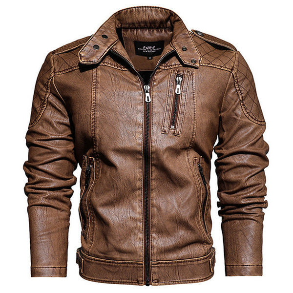 AKARMY Fashion Motorcycle Stand Collar Thicken Men's Leather Jacket