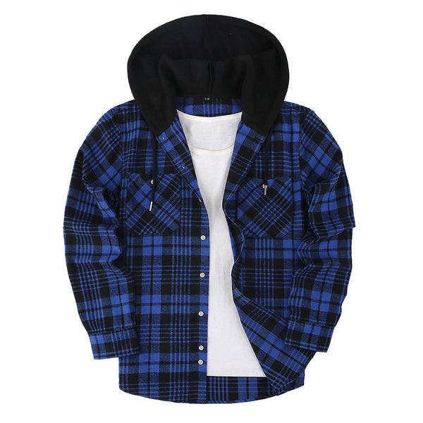 AKARMY Hooded Casual Plaid Long-sleeved Shirt for Men in Blue